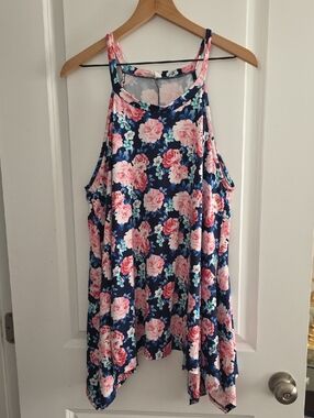 Pink Blush Floral  Strappy Tank Top Hankerchief Hem  Size XL